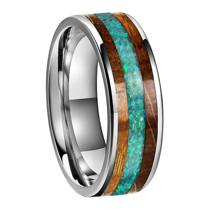 Green Opal Tungsten Ring with Whiskey Wood Inlay