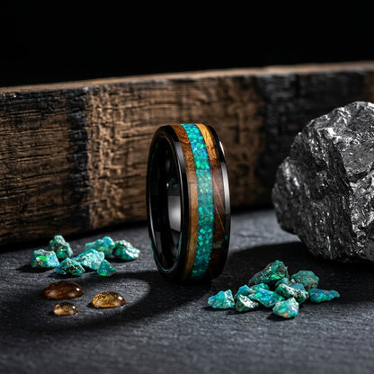 Green Opal Tungsten Ring with Whiskey Wood Inlay