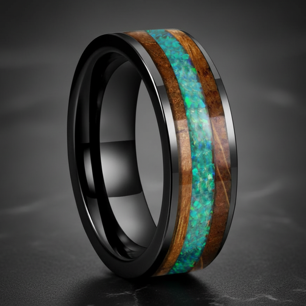 Green Opal Tungsten Ring with Whiskey Wood Inlay