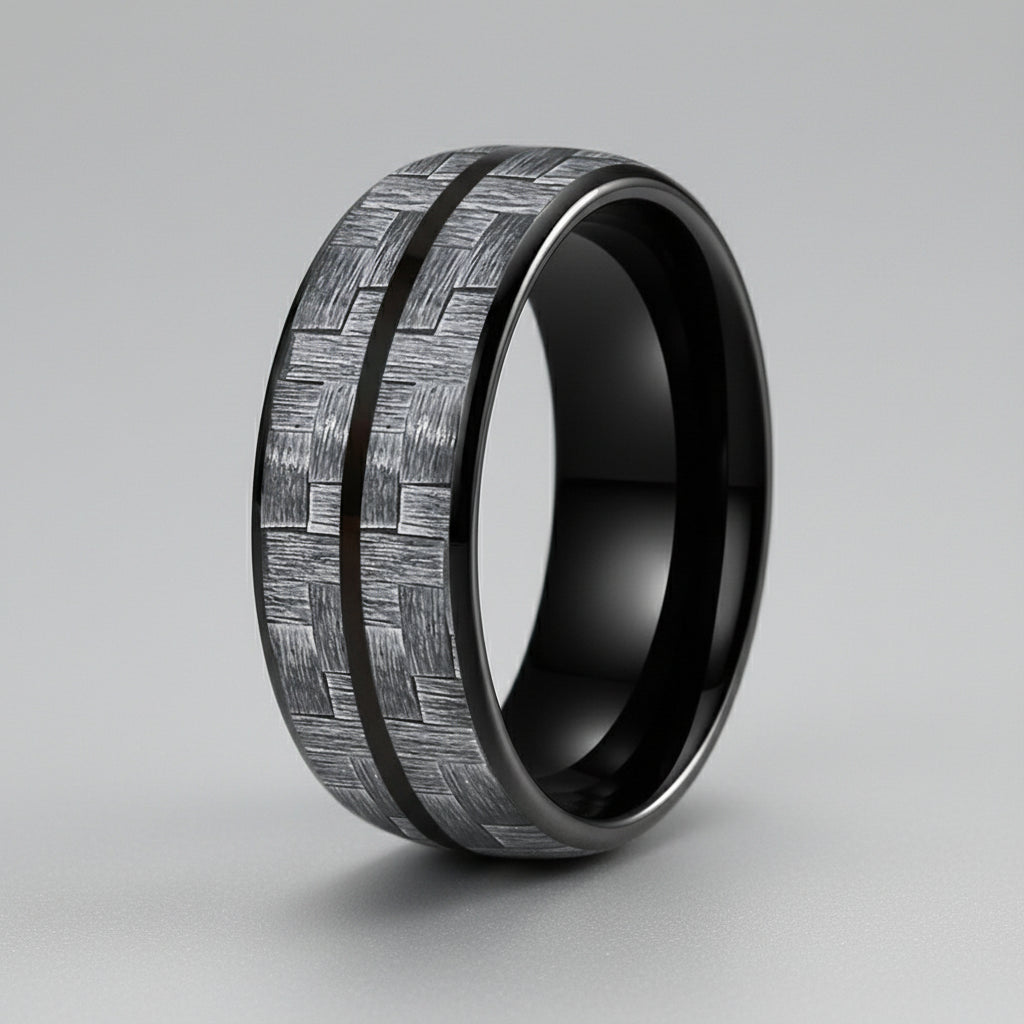 Grey Carbon Fiber Double-Groove Tungsten Ring