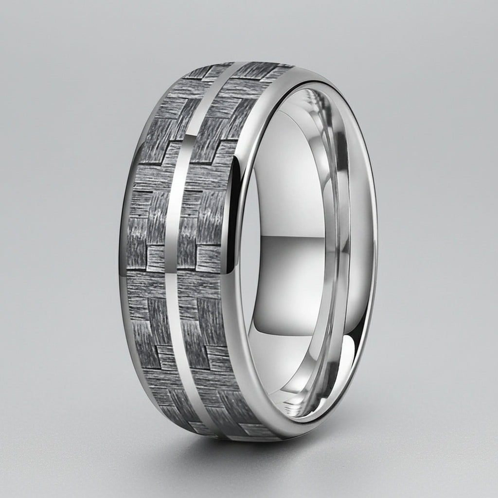 Grey Carbon Fiber Double-Groove Tungsten Ring
