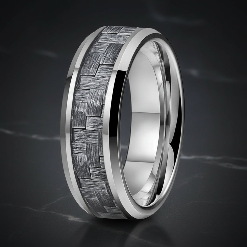 Grey Carbon Fiber Tungsten Ring with Beveled Edges (8mm)