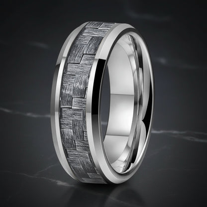 Grey Carbon Fiber Tungsten Ring with Beveled Edges (8mm)