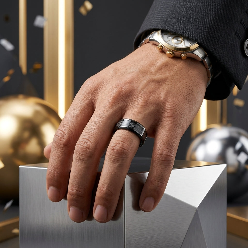 8MM Grey Carbon Fiber Tungsten Ring