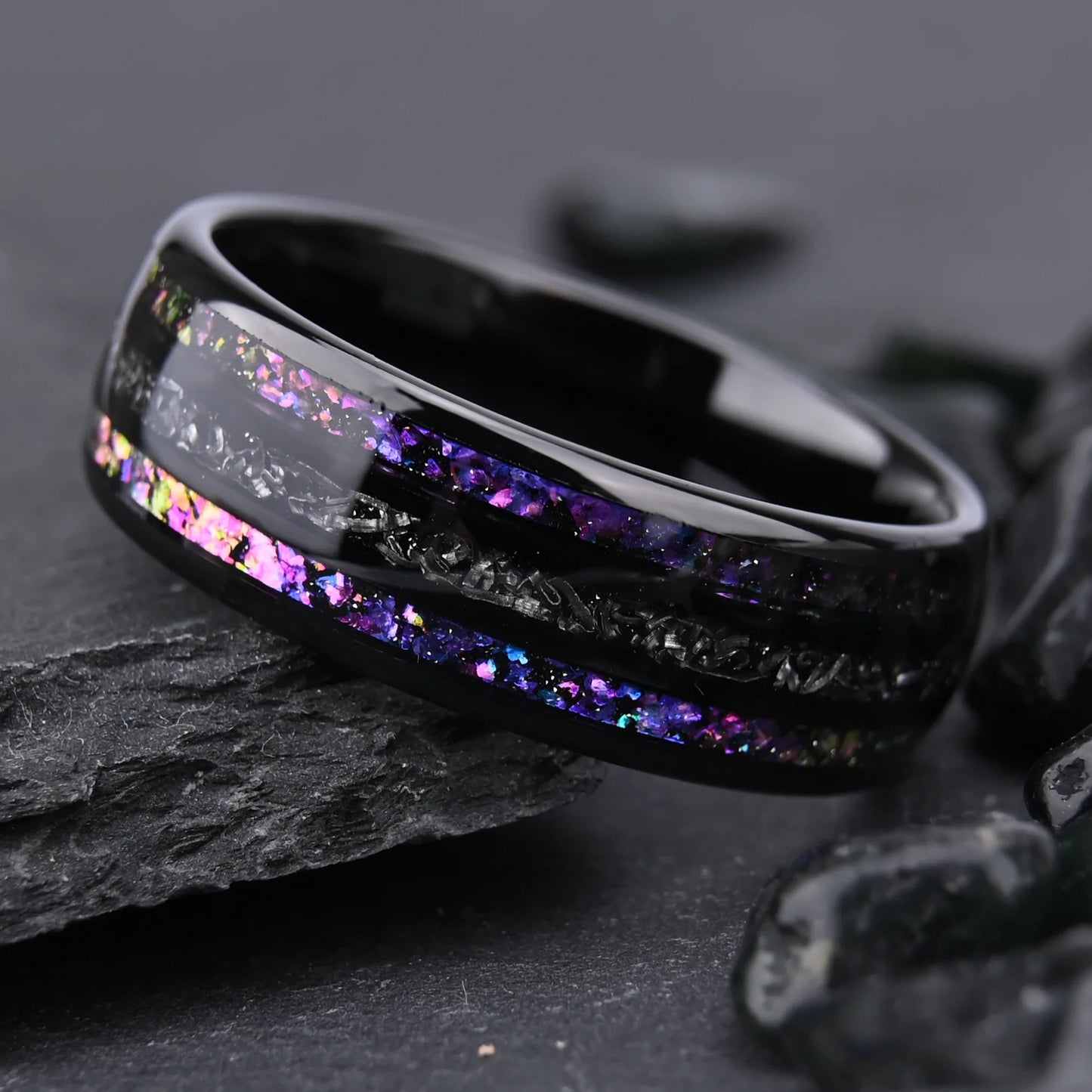 Gunmetal Black Tungsten Ring – 8mm Nebula Galaxy Inlay