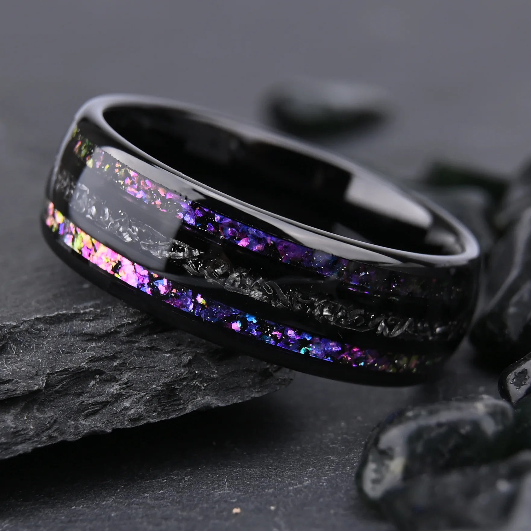 Gunmetal Black Tungsten Ring – 8mm Nebula Galaxy Inlay