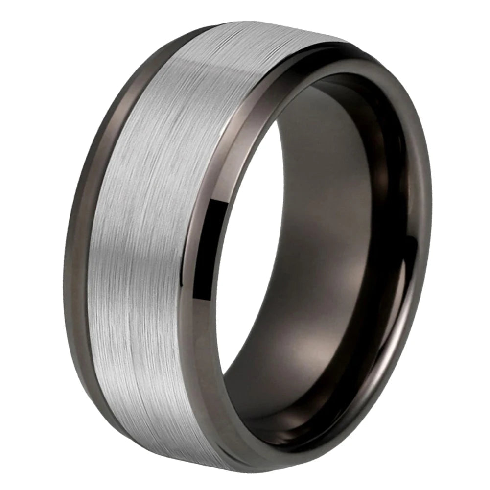 Gunmetal Tungsten Ring with Stepped Beveled Edges
