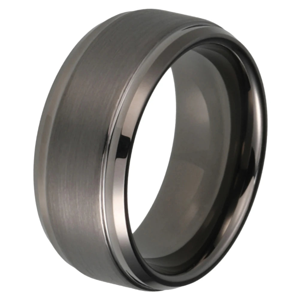 Gunmetal Tungsten Ring with Stepped Beveled Edges