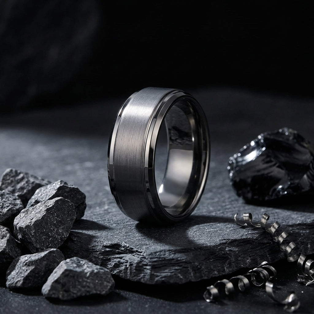 Gunmetal Tungsten Ring with Stepped Beveled Edges