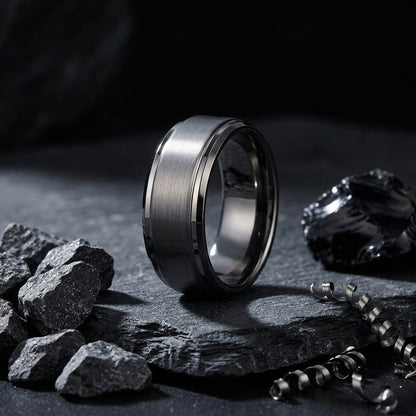 Gunmetal Tungsten Ring with Stepped Beveled Edges