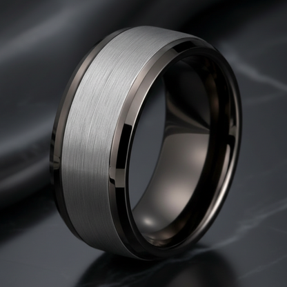Gunmetal Tungsten Ring with Stepped Beveled Edges