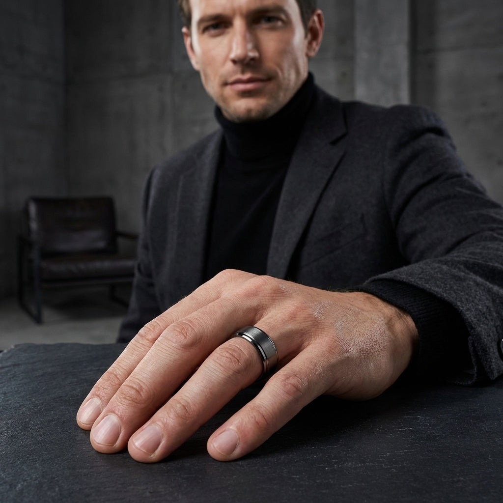Gunmetal Tungsten Ring with Stepped Beveled Edges