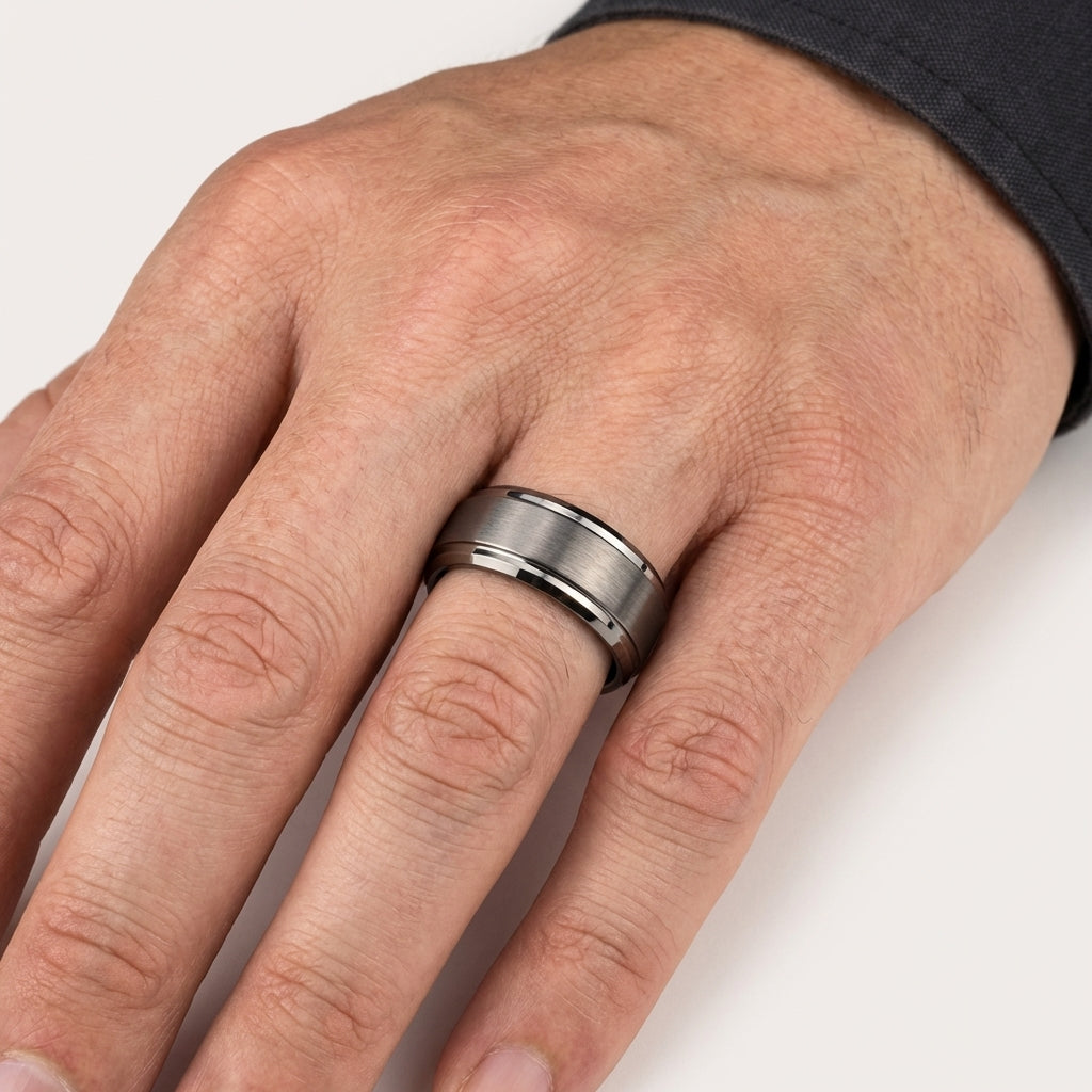 Gunmetal Tungsten Ring with Stepped Beveled Edges