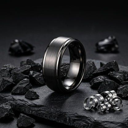 Gunmetal Tungsten Ring with Stepped Beveled Edges