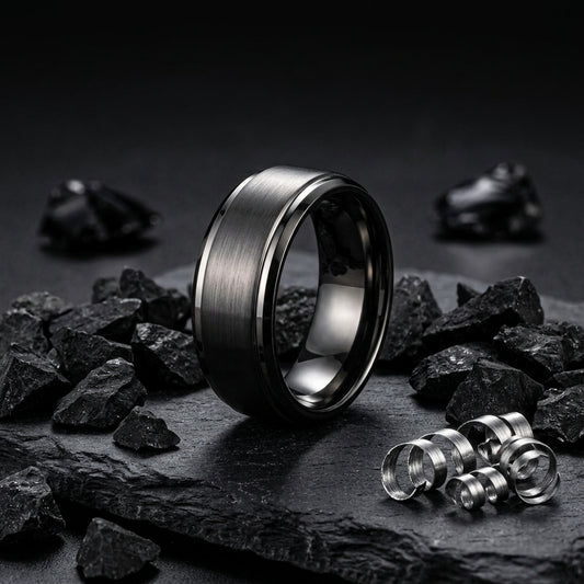 Gunmetal Tungsten Ring with Stepped Beveled Edges