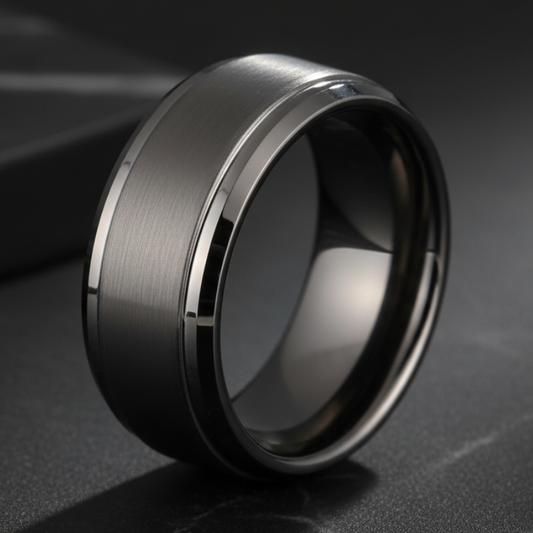 Gunmetal Tungsten Ring with Stepped Beveled Edges