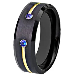 Black Tungsten Ring Golden Groove Blue CZ
