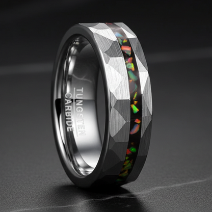 Hammered Sand Inlaid with Opal Steel tungsten Ring