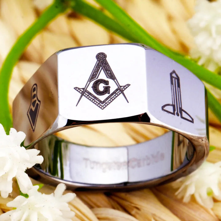 Silver Tungsten Carbide Masonic Ring