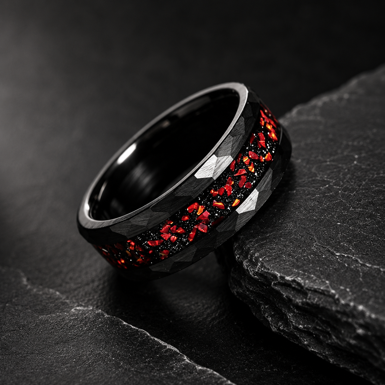 Hammered Black Tungsten Ring with Red Garnet