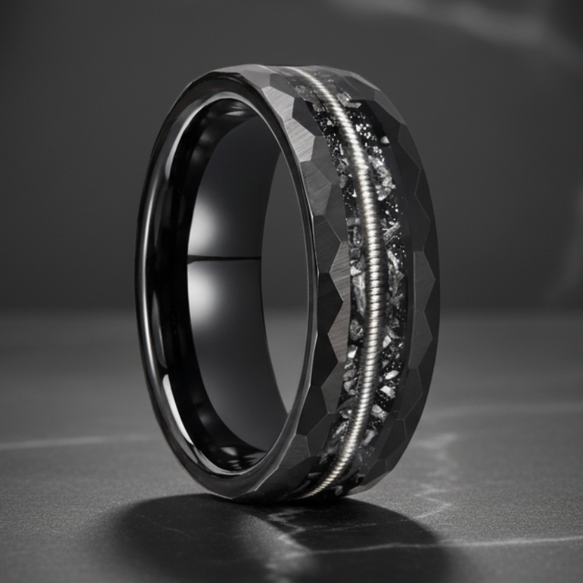 Hammered Black Tungsten Carbide Ring