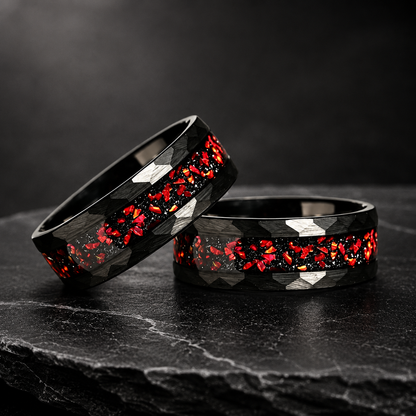 Hammered Black Tungsten Ring with Red Garnet