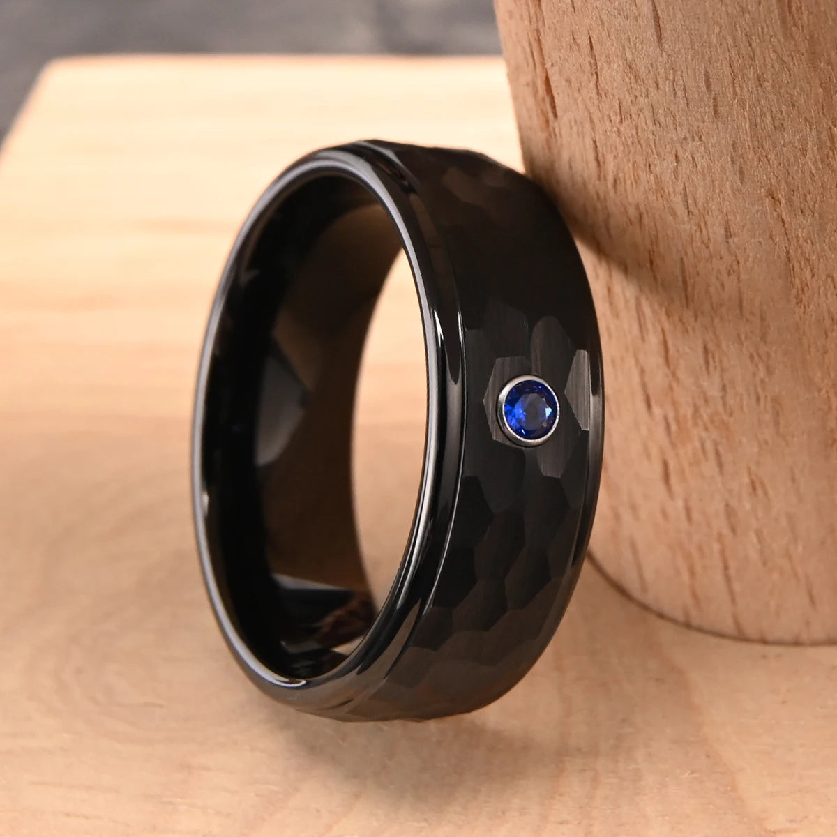 Hammered Blue Zircon Tungsten Band