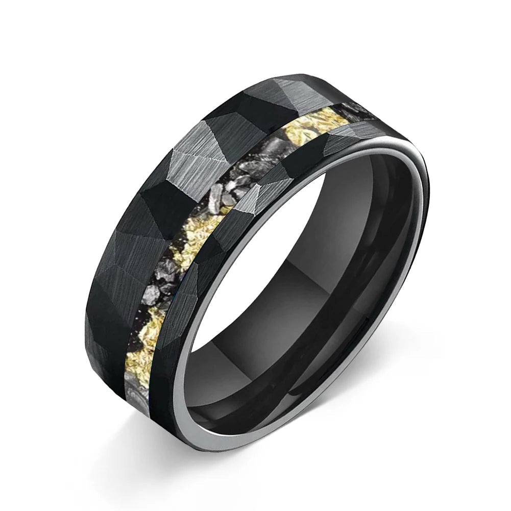 Hammered Gold Foil Meteorite Tungsten Wedding Band