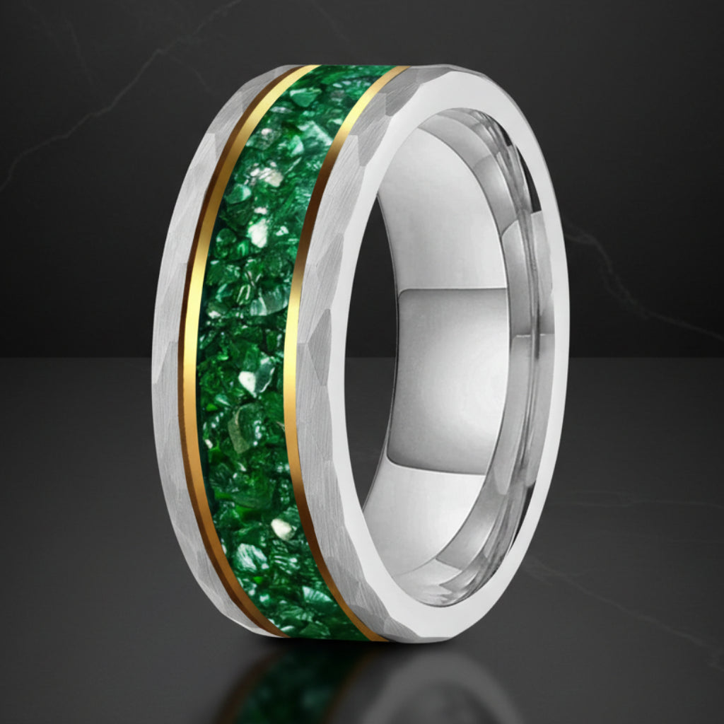 Hammered Tungsten Ring with Green Crystal Inlay (8mm)