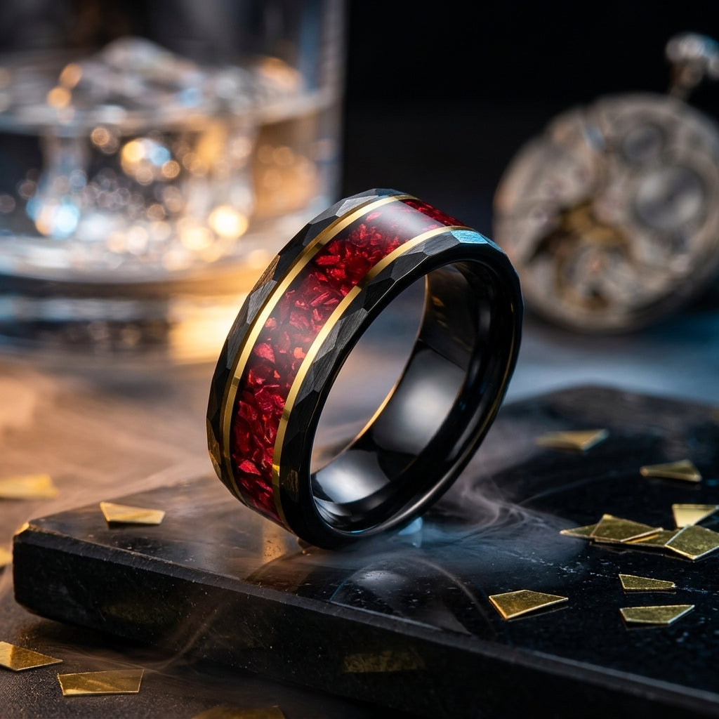 8MM Hammered Tungsten Ring with Red Crystal Inlay
