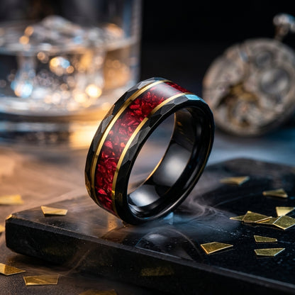 8MM Hammered Tungsten Ring with Red Crystal Inlay