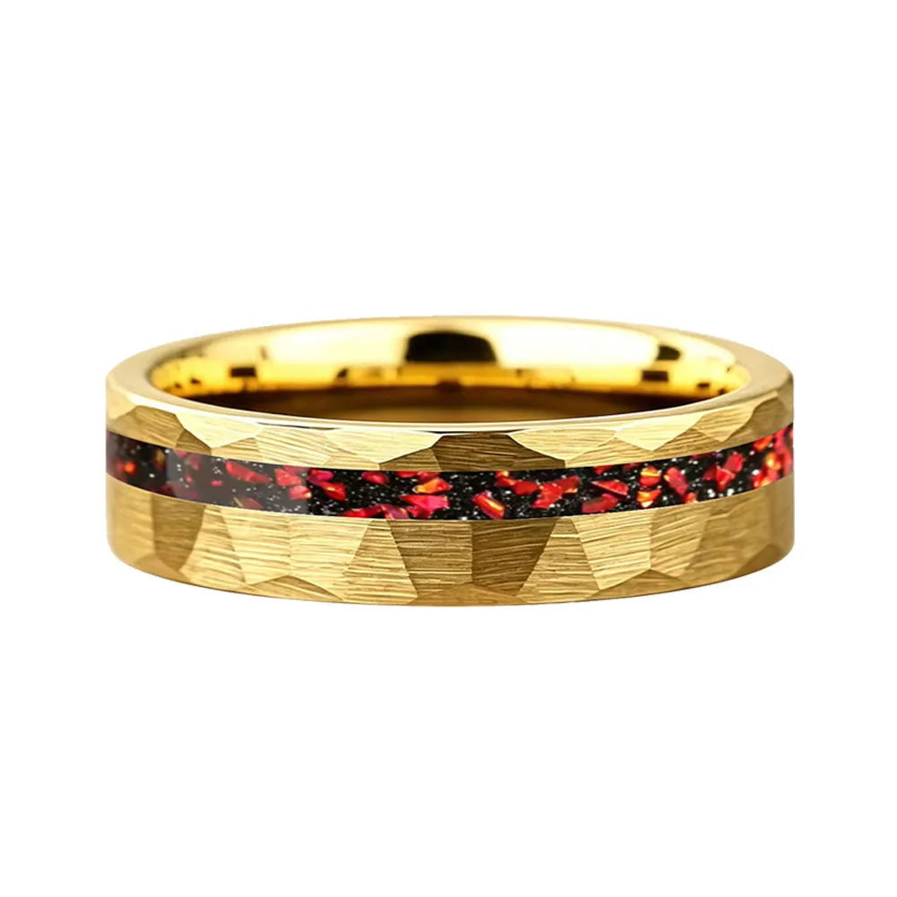 Hammered Tungsten Ring with Red Garnet Inlay