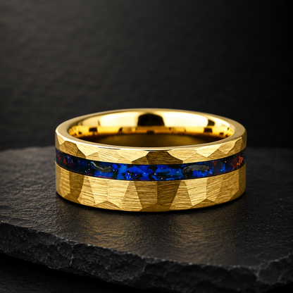 Hammered Tungsten Ring with Blue Glass Stone & Meteorite