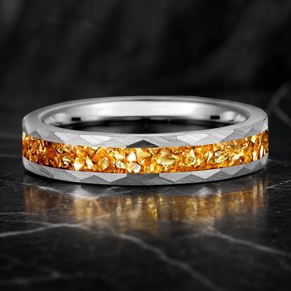 Hammered Tungsten Ring with Golden Crystal Stone Inlay