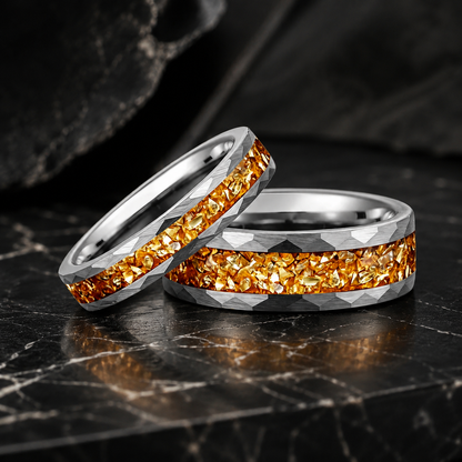 Hammered Tungsten Ring with Golden Crystal Stone Inlay
