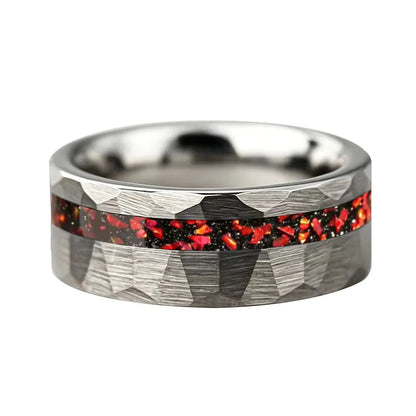 Hammered Tungsten Ring with Red Garnet Inlay