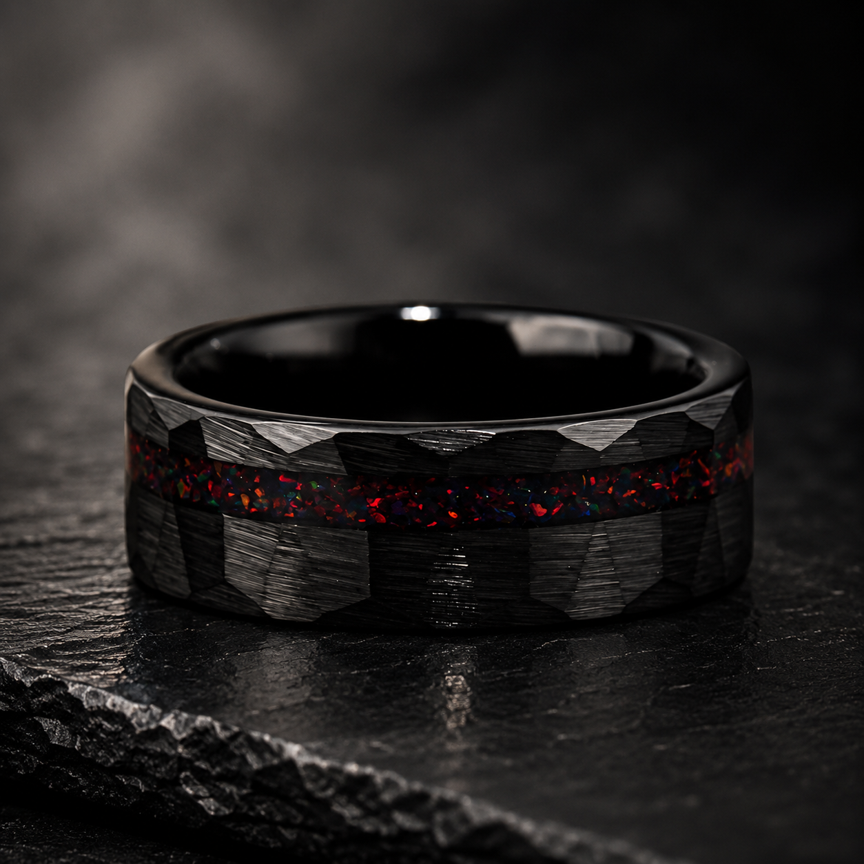 Hammered Tungsten Ring with Red Opal