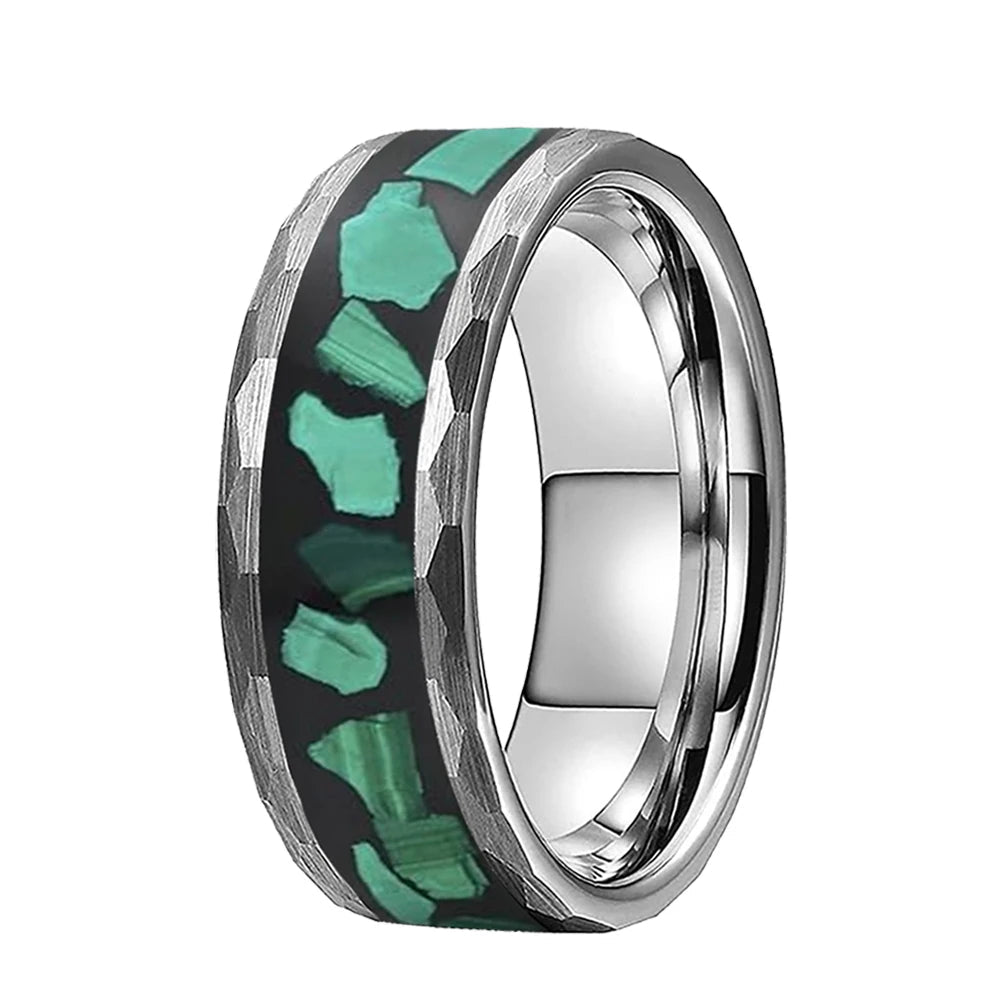 Hammered Tungsten Ring with Green Malachite
