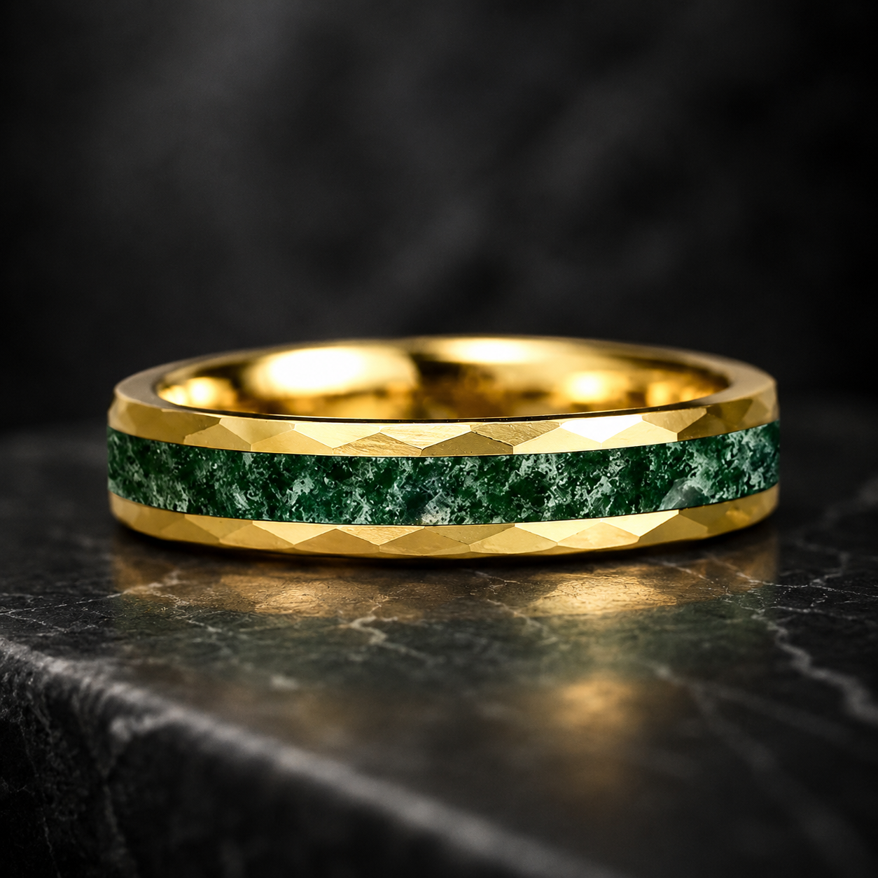 Hammered Tungsten Ring with Green Moss Agate Inlay