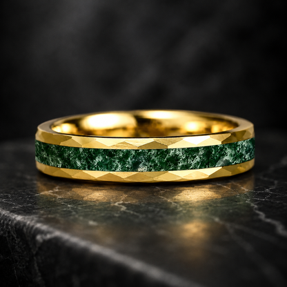 Hammered Tungsten Ring with Green Moss Agate Inlay
