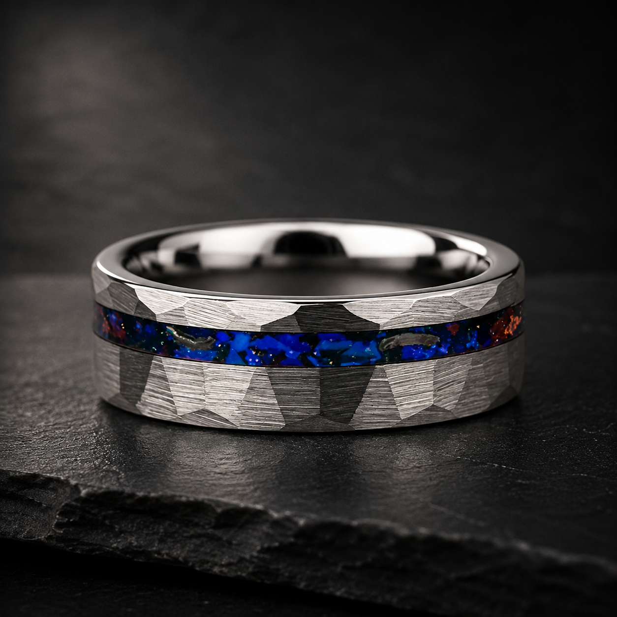 Hammered Tungsten Ring with Blue Glass Stone & Meteorite