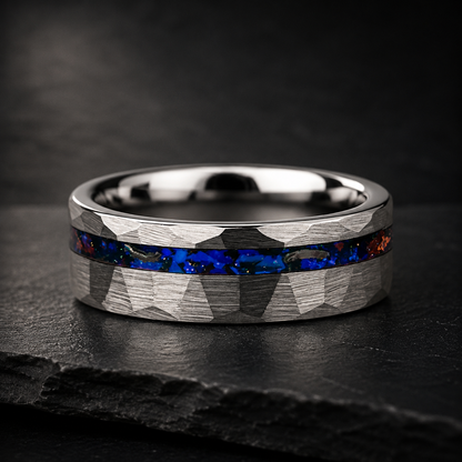 Hammered Tungsten Ring with Blue Glass Stone & Meteorite
