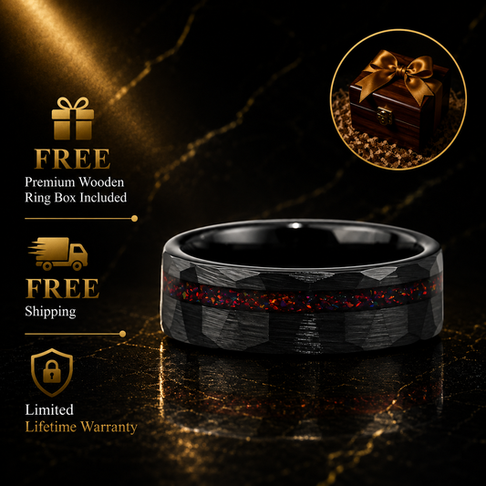 
Hammered Tungsten Ring with Red Opal