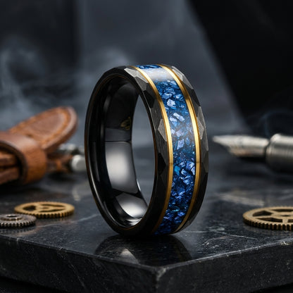 Hammered Tungsten Ring with Blue Crystal Inlay