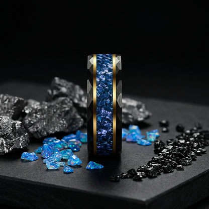Hammered Tungsten Ring with Blue Crystal Inlay