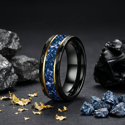 Hammered Tungsten Ring with Blue Crystal Inlay