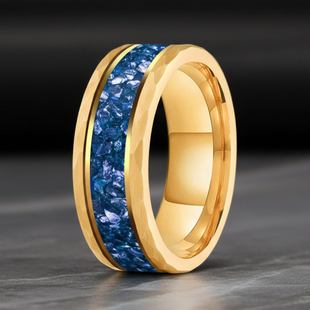 Hammered Tungsten Ring with Blue Crystal Inlay