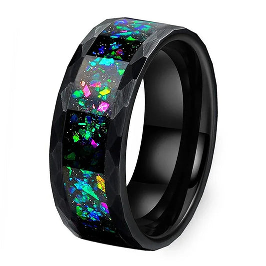 Hammered Tungsten Ring with Galaxy Opal 