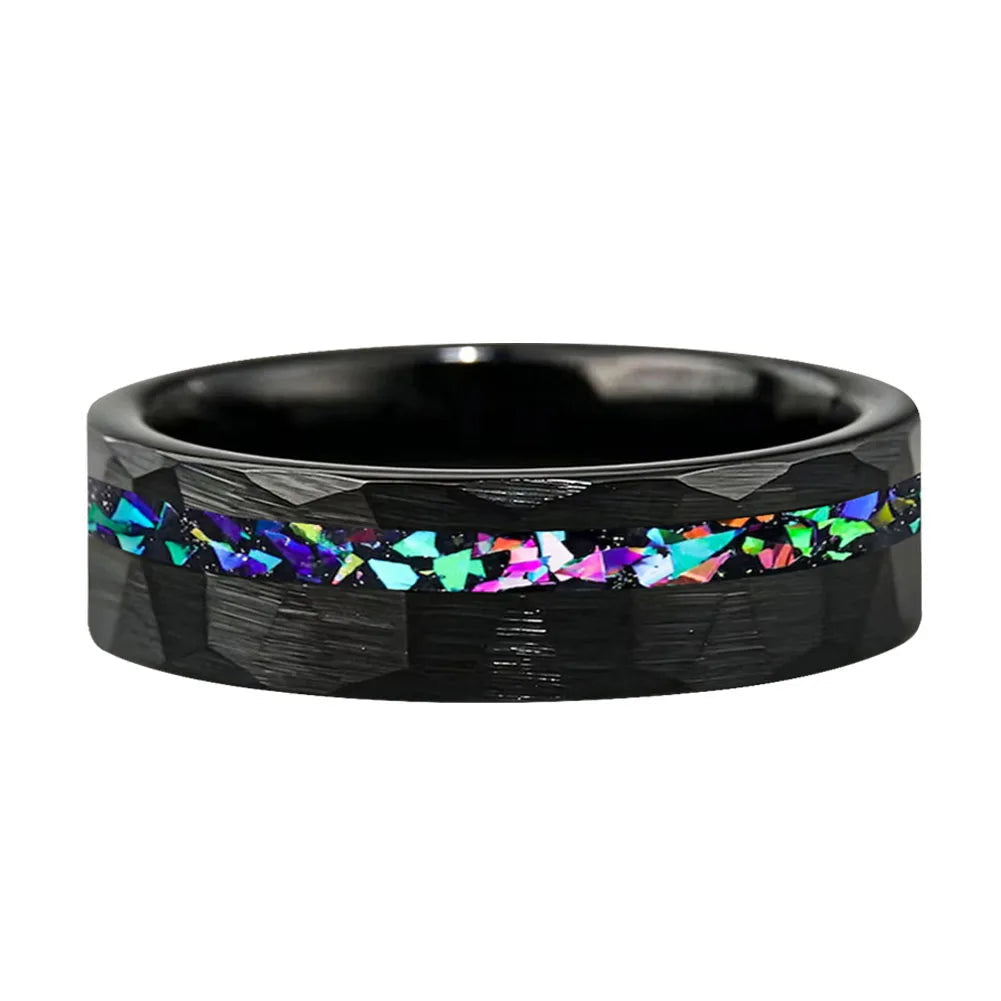 Hammered Tungsten Ring with Galaxy Opal Inlay