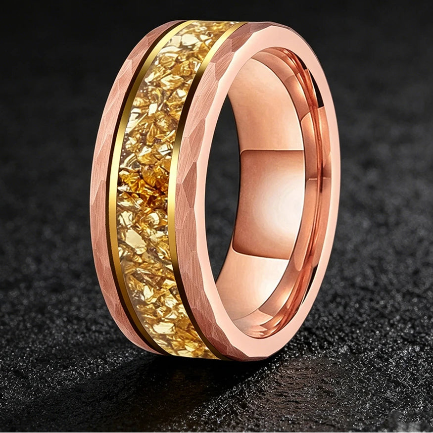 Hammered Tungsten Ring with Gold Crystal Inlay